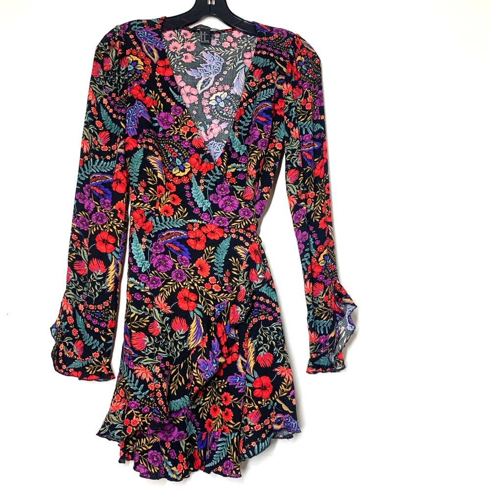 Fall Floral Ruffle Low V Neck Mini Wrap Dress